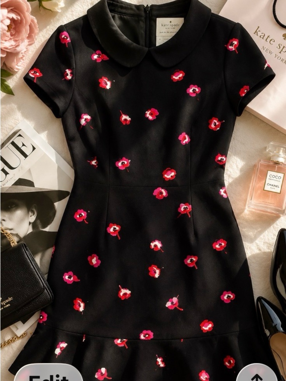 Kate Spade New York Black Floral Peter Pan Collar Mini Dress Size 4